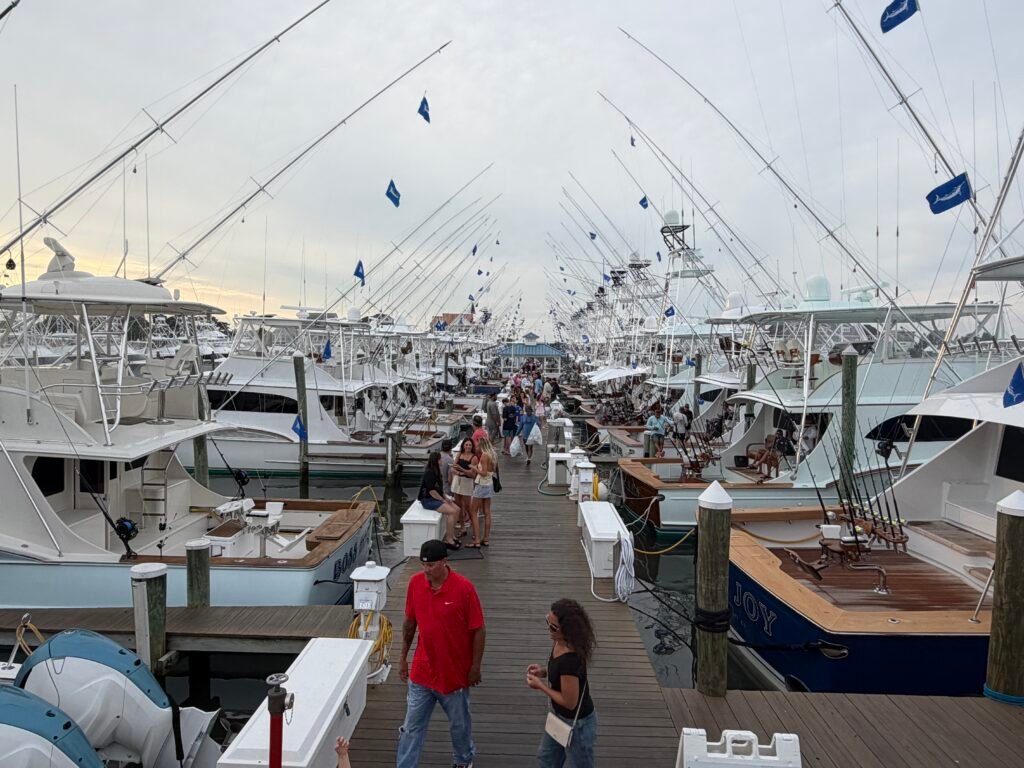 Sportfishing boats lining the dock at Sunset Marina in West Ocean City, Maryland, before the White Marlin Open